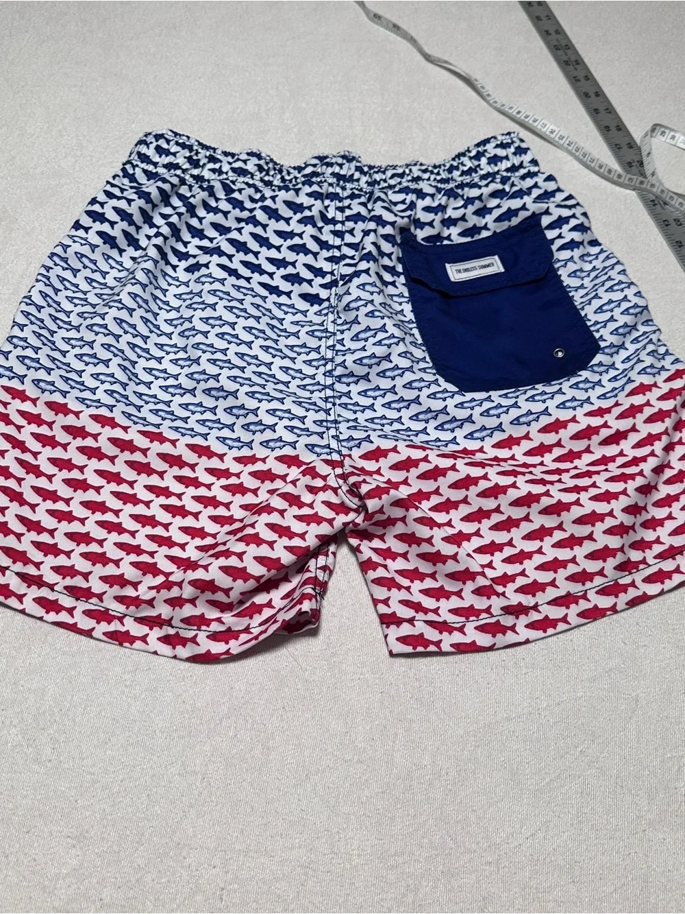Men's Medium Shark Print Swim Trunks in Red White & Blue